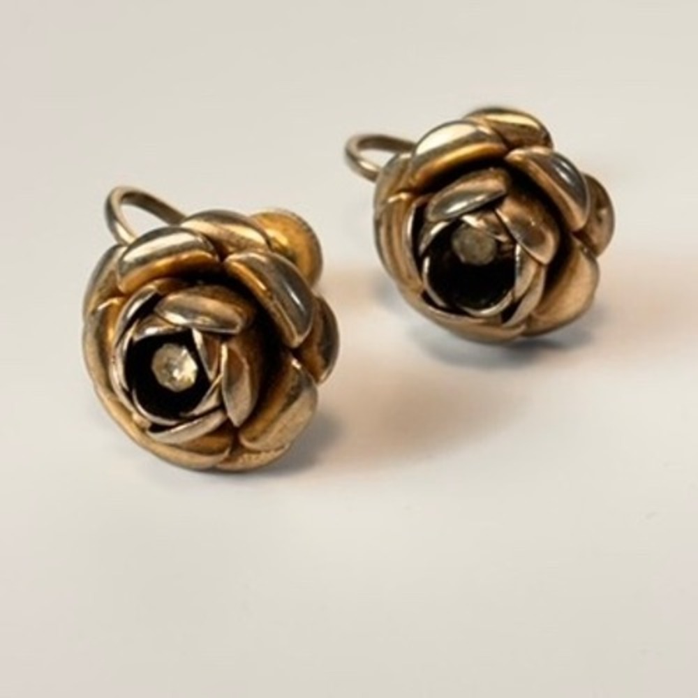 Vintage Rose Screw Back Earrings Gold Tone Rhinestone Statement Boho Cottagecore